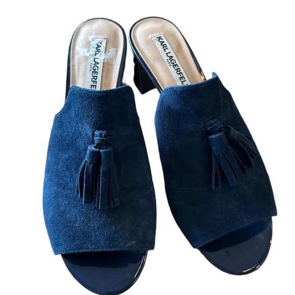 KARL LAGERFELD Designer Mules Slip On Hettie Chunky Heel Suede Tassel Size 8 - Picture 6 of 7